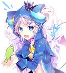  :d bad_id bad_pixiv_id blue_eyes chiliarch_(elsword) coat crown elsword fish hair_ornament hairclip hood horns long_hair looking_at_viewer luciela_r._sourcream mini_crown open_mouth pinb smile solo tail twintails upper_body white_background white_hair 
