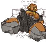  armor balls bed bionicle butt dialogue english_text lego lying machine mask not_furry on_back penis pillow pohatu precum robot roly solo text yellow_eyes 