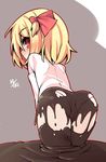  ass blonde_hair blush chocolate chocolate_on_ass flat_ass hair_ribbon looking_at_viewer looking_back no_pants panties red_eyes ribbon rumia shamo_(koumakantv) shirt solo touhou underwear wet wet_clothes wet_panties 