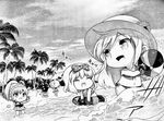  alisa_ilinichina_amiella barefoot beach beach_volleyball bikini chibi ciel_alencon cloud comic daiba_canon erina_der_vogelweid god_eater greyscale hat kouzuki_nana long_hair monochrome multiple_girls navel ocean outdoors palm_tree sand smile standing straw_hat swimsuit tree water 