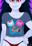  2014 adventure_time black_eyes black_hair blood blue_fur blue_hair breasts clothing curtsibling d: death equine eyes_closed fangs female fur grey_skin grin hair horse humanoid impalement long_hair looking_at_viewer mammal marceline melee_weapon navel open_mouth parody pink_hair pink_sclera polearm pony purple_background purple_fur red_eyes reptile scalie shirt simple_background snake solo spear teeth tongue tongue_out underwear vampire watermark weapon white_sclera 
