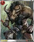  axe beard big_muscles bovine bracelet brown_fur card clothed clothing detailed digital_media_(artwork) facial_hair fighting_stance fur holding_object holding_weapon horn jewelry loincloth looking_at_viewer male mammal melee_weapon minotaur muscular nature nipples official_art outside partially_clothed solo standing topless unknown_artist vein warrior weapon yellow_eyes 
