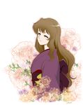  brown_hair closed_eyes flower fujino_shizuru happy japanese_clothes kimono long_hair my-hime peony_(flower) sabachiyo_land smile solo very_long_hair white_background 