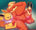  2016 anal anthro anus areola big_breasts black_nose blue_eyes breasts duo eeveelution erect_nipples female female/female flareon fur huge_breasts interspecies jolteon mammal nintendo nipples nude open_mouth oral orange-peel pok&eacute;mon pubes purple_eyes pussy red_fur rimming saliva sex simple_background smile tongue tongue_out video_games yellow_fur 