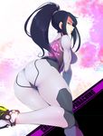  1girl alternate_color ass black_hair blue_eyes bodysuit breasts from_behind highres hips huge_ass large_breasts long_hair looking_at_viewer looking_back metroid nintendo player_2 ponytail samus_aran skin_tight solo sticky_(stickysheep) super_smash_bros. thick_thighs wide_hips zero_suit 