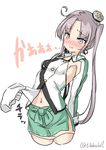  ahoge armpits blush ebifurya embarrassed floating_hand grey_eyes grey_hair hair_ornament hair_ribbon kantai_collection leaning_back long_hair looking_down midriff military_uniform payot ribbon shirt_lift side_ponytail simple_background small_breasts solo twitter_username white_background 