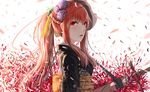  bad_id bad_pixiv_id elesis_(elsword) elsword face_mask floral_print flower hair_flower hair_ornament highres japanese_clothes kimono long_hair looking_at_viewer mask obi petals ponytail red_eyes red_hair sash solo sword tsubaki_(yi) upper_body weapon white_background 