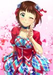  1girl ;) amami_haruka breasts brown_hair choker cleavage collarbone corset dress green_eyes idolmaster idolmaster_(classic) jacket looking_at_viewer maa-san_(dammerung) medium_breasts one_eye_closed open_clothes open_jacket red_jacket short_dress short_hair smile solo standing v 