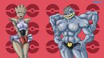  4_arms areola boxing_gloves breasts clothing dress duo eyelashes female hi_res hitmonchan looking_at_viewer machamp multi_arm multi_limb muscular navel nintendo nipples nopes pok&eacute;ball pok&eacute;mon red_eyes standing tight_clothing video_games 