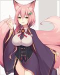  animal_ear_fluff animal_ears bracelet breasts corset fang fox_ears fox_shadow_puppet fox_tail framed_breasts green_eyes hair_ornament jewelry large_breasts long_hair looking_at_viewer muryotaro necktie original pink_hair slit_pupils smile smirk solo tail thighs whisker_markings wide_sleeves 