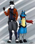  anthro backpack belt blue_eyes blue_fur canine clothing dog duo fluffy fur gloves hoodie husky jackal jacket jeffthehusky leggings legwear lexros_rayzr lucario mammal nintendo pok&eacute;ball pok&eacute;mon red_eyes scarf smile spikes standing sweater video_games white_fur zipper 