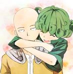  1girl bald blush closed_eyes green_hair hetero hug hug_from_behind nonh_(wormoftank) one-punch_man open_mouth saitama_(one-punch_man) smile tatsumaki 