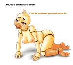  animatronic anthro areola avian bird blush breasts chica_(fnaf) chicken dialogue english_text eyelashes female five_nights_at_freddy&#039;s kneeling machine nipples nopes nude open_mouth pink_eyes robot simple_background solo text video_games white_background 