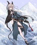  blizzard braid cape claws horns kuro_black monster_girl mountain original red_eyes snow solo sword weapon white_hair 