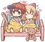  1girl bag baseball_bat baseball_cap black_hair blanket blonde_hair blush_stickers bow brown_eyes bubble collared_shirt couch hair_bow hair_ribbon hat heart holding_hands kohaku_seiya mother_(game) mother_2 ness on_couch paula_(mother_2) pillow ribbon shared_blanket shirt short_sleeves sitting sleeping smile striped striped_shirt stuffed_animal stuffed_toy teddy_bear zzz 