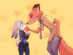  1girl belt blue_eyes blush bunny chin_grab couple eye_contact fox from_side furry green_eyes hachifuku hand_in_pocket heart hetero judy_hopps looking_at_another necktie nick_wilde police police_uniform smile uniform utility_belt zootopia 