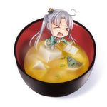  &gt;_&lt; akitsushima_(kantai_collection) chibi closed_eyes commentary_request grey_hair highres kantai_collection long_hair miso_soup nishikitaitei-chan open_mouth ponytail side_ponytail solo yasume_yukito 