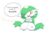  2018 4chan big_breasts blush boxf breasts dialogue english_text exposed_breasts female gardevoir green_hair grin hair hair_over_eyes humanoid looking_at_viewer nintendo nipples pok&eacute;mon pok&eacute;mon_(species) raised_shirt red_eyes simple_background smile solo standing text video_games white_skin 