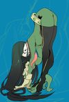  ass asui_tsuyu belt bent_over black_eyes black_hair bodysuit boku_no_hero_academia breasts commentary_request flexible frog_girl gloves green_bodysuit green_eyes hair_rings long_hair long_tongue looking_at_viewer low-tied_long_hair medium_breasts monster_girl prehensile_tongue solo tongue tongue_out yutaka7 