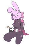  :3 anthro blush bomb bow breasts clothing earth_defense_research_institute! explosives eyelashes female fur hi_res itsunknownanon lagomorph mammal no_irises pink_fur rabbit rabbit_bomb sitting skinsuit solo tight_clothing 