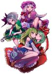  ass capelet cheek-to-cheek convenient_leg crescent detached_sleeves dress eye_contact frills front_ponytail full_body green_eyes green_hair grey_eyes hair_ornament hair_ribbon hairband hat hitodama hug japanese_clothes kagiyama_hina katana kochiya_sanae konpaku_youmu konpaku_youmu_(ghost) lavender_hair loafers long_hair long_sleeves looking_at_another looking_at_viewer miko mob_cap multiple_girls one_eye_closed open_mouth patchouli_knowledge puffy_sleeves purple_eyes red_dress ribbon shirt shoes short_sleeves silver_hair simple_background skirt skirt_set smile snake_hair_ornament socks striped striped_dress sword thupoppo touhou tress_ribbon vest weapon white_background wide_sleeves 