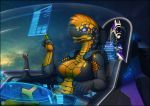  2019 5_fingers anthro blue_eyes breasts detailed_background digital_media_(artwork) duo elite_(video_game) female hair lizard orange_hair reptile scalie sitting space vader-san 