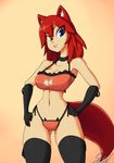  2016 animal_humanoid bra breasts canine cat_lingerie cleavage clothed clothing collar elbow_gloves female fox fox_humanoid gloves hair hands_on_hips heterochromia hi_res humanoid legwear mammal navel panties pose red_hair skecchiart solo stockings thong underwear 