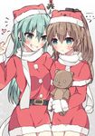  ... 2girls alternate_costume belt blush brown_hair earrings green_eyes green_hair grin hat heart highres jewelry kantai_collection kumano_(kantai_collection) kvlen mistletoe multiple_girls pointing pointing_up pom_pom_(clothes) santa_costume smile sparkle spoken_ellipsis stuffed_animal stuffed_toy suzuya_(kantai_collection) sweat teddy_bear yuri 