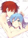  akabane_karma ansatsu_kyoushitsu bad_id bad_pixiv_id blue_eyes blue_hair blush closed_eyes hair_down hi-ma male_focus multiple_boys one_eye_closed otoko_no_ko red_hair shiota_nagisa twitter_username under_covers yaoi 