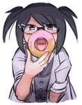  black_eyes black_hair blush commentary doughnut food glasses highres labcoat looking_at_viewer open_mouth pop'n_music root@chou_dou-ken seuteko sexually_suggestive short_twintails simple_background sleeves_rolled_up solo teeth tongue twintails uvula white_background 