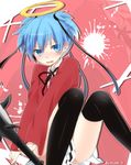  ansatsu_kyoushitsu bad_id bad_pixiv_id black_legwear blush bokusatsu_tenshi_dokuro-chan club color_connection cosplay crossdressing excalibolg hair_color_connection halo hi-ma light_blue_eyes light_blue_hair male_focus mitsukai_dokuro mitsukai_dokuro_(cosplay) otoko_no_ko ribbon school_uniform shiota_nagisa short_twintails skirt solo thighhighs twintails twitter_username weapon 