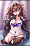  ahoge blush bra bra_pull breasts brown_hair double_bun dress hair_intakes hairband hat highres jacket kantai_collection kongou_(kantai_collection) letterboxed long_hair looking_at_viewer medium_breasts nail_polish navel nipples nurse nurse_cap off_shoulder open_clothes open_dress open_mouth panties pantyhose purple_bra purple_panties sitting solo tears torn_clothes torn_legwear underwear unzipped yellow_eyes yoye_(pastel_white) 