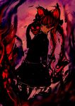  abstract_background absurdres animal_ears assi bad_id bad_pixiv_id cat_ears commentary_request dress faux_traditional_media fire flame highres holding_skull kaenbyou_rin looking_at_viewer no_lineart red_eyes red_hair skull solo touhou twintails 