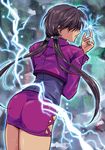  ass brown_hair cropped_jacket dark_persona dark_skin earrings electricity hair_over_eyes jewelry kagehi_no_loo leotard lightning long_hair miniskirt orochi_shermie shermie skirt solo split_ponytail the_king_of_fighters twintails 
