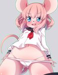  animal_ears blue_eyes blush commentary_request from_below furry groin long_hair looking_down mouse_ears mouse_girl navel no_pants open_mouth original panties panty_pull pink_hair school_uniform serafuku shirt smile solo tail underwear undressing white_panties yuuki_(yuyuki000) 