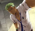  &gt;:( blue_neckwear bracelet clenched_teeth collarbone collared_shirt dark_skin dark_skinned_male earrings emblem foreshortening frown green_hair head_tilt indoors jewelry king_of_prism_by_prettyrhythm looking_at_viewer male_focus necklace necktie nkdr2000 outstretched_arm parted_lips pretty_rhythm purple_eyes serious shirt short_sleeves solo stud_earrings sunlight teeth upper_body v-shaped_eyebrows wall white_shirt yamato_alexander 