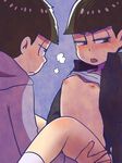  2boys black_hair blush brothers hand_on_thigh jacket leather leather_jacket looking_away male_focus matsuno_ichimatsu matsuno_karamatsu multiple_boys nipples osomatsu-kun osomatsu-san school_uniform siblings socks sweat yaoi yoji_(4zi) 