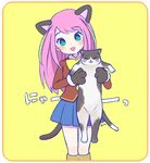  :3 animal animal_ears ayu_(mog) bad_id bad_pixiv_id blue_eyes cat cat_ears cat_tail gloves green_hair hashimoto_nyaa holding holding_cat long_hair multicolored_hair osomatsu-san paw_gloves paws pink_hair skirt smile tail translation_request 