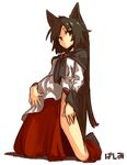  animal_ears brooch brown_hair dress fran_(tukihashi) imaizumi_kagerou jewelry long_sleeves looking_at_viewer red_eyes simple_background skirt solo touhou white_background wide_sleeves wolf_ears 
