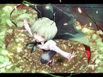 antennae cape from_above full_body green_eyes green_hair hoshibuchi leg_up letterboxed long_sleeves looking_at_viewer outstretched_arms pants petals puffy_sleeves shirt shoes short_hair smile solo touhou wriggle_nightbug 