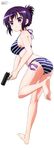  &gt;:) absurdres ass barefoot bikini bow breasts folded_ponytail gochuumon_wa_usagi_desu_ka? gun highres incredibly_absurdres large_breasts purple_eyes purple_hair sasaki_takahiro sideboob smile solo striped striped_bikini swimsuit tedeza_rize v-shaped_eyebrows weapon 