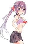  akebono_(kantai_collection) bare_shoulders bell bikini_top choker closed_mouth cowboy_shot eyebrows eyebrows_visible_through_hair flower from_side frown hair_bell hair_flower hair_ornament highres jingle_bell kantai_collection long_hair looking_at_viewer pleated_skirt purple_eyes purple_hair scrunchie simple_background skirt solo swimsuit twitter_username very_long_hair white_background wrist_scrunchie yuuzaki 