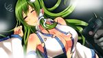  1girl armpits bare_shoulders blurry blush breasts cleavage collarbone commentary_request defibrillator depth_of_field detached_sleeves frog_hair_ornament green_eyes green_hair hair_ornament hair_tubes japanese_clothes kochiya_sanae large_breasts long_hair long_sleeves lying miko on_back one_eye_closed out_of_frame pov pov_hands snake_hair_ornament solo_focus squiggle sweat torn_clothes touhou trembling wide_sleeves 