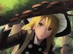  :o amino_(tn7135) backpack bad_id bad_pixiv_id bag black_gloves blonde_hair chromatic_aberration fingerless_gloves gloves hat kirisame_marisa leaf long_hair long_sleeves looking_up mushroom open_mouth shirt solo touhou turtleneck upper_body witch_hat yellow_eyes 