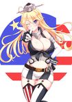  american_flag_legwear belt belt_buckle black_gloves blonde_hair blue_eyes breasts buckle cleavage elbow_gloves garter_straps gloves hand_on_hip headgear iowa_(kantai_collection) kantai_collection large_breasts long_hair looking_at_viewer miniskirt one_eye_closed pointing skirt solo sotogawa_max star star-shaped_pupils symbol-shaped_pupils thighhighs white_gloves wrist_cuffs zettai_ryouiki 