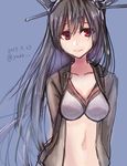  2015 bangs black_hair blue_background breasts closed_mouth collarbone dated headgear kantai_collection large_breasts long_hair nagato_(kantai_collection) navel open_clothes red_eyes simple_background sketch smile solo stomach twitter_username upper_body yuuzaki 