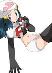 1girl blue_eyes blue_hair female hainchu happy hikari_(pokemon) legs looking_at_viewer navel nintendo pokeball pokemon smile solo team_rocket_(cosplay) 