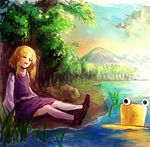  bad_deviantart_id bad_id blonde_hair closed_eyes hat hat_removed headwear_removed landscape long_sleeves moriya_suwako mountain nature on_ground open_mouth potatotop scenery shirt shoes short_hair sitting skirt skirt_set sleeping solo thighhighs touhou tree turtleneck vest water white_legwear wide_shot wide_sleeves 
