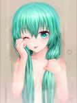 ;p aki99 aqua_eyes aqua_hair artist_name breasts hair_down hatsune_miku highres long_hair looking_at_viewer mirror nude one_eye_closed revision small_breasts smile solo steam tongue tongue_out vocaloid water wet 