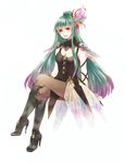 aqua_hair boots bravely_default:_flying_fairy breasts dress gauntlets gradient_hair green_hair hair_bun hair_ornament high_heel_boots high_heels legs legs_crossed long_hair mephilia_venus multicolored_hair pantyhose parted_lips pauldrons purple_hair red_eyes sitting smile solo staff thigh_boots very_long_hair 
